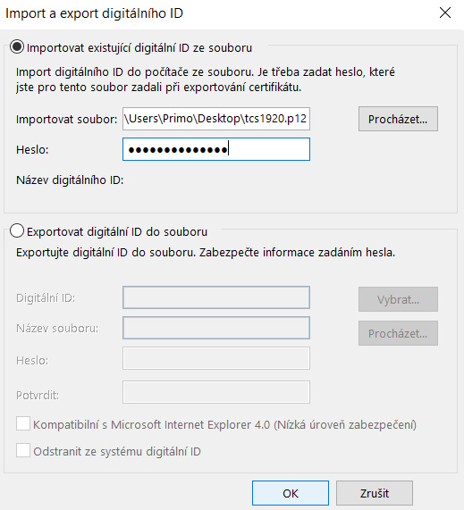 Import digitální identity v MS Outlook