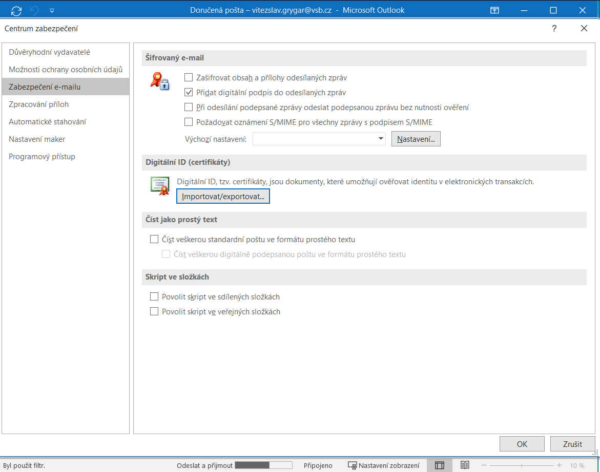 Konfigurace zabezpečení e-mailu v MS Outlook