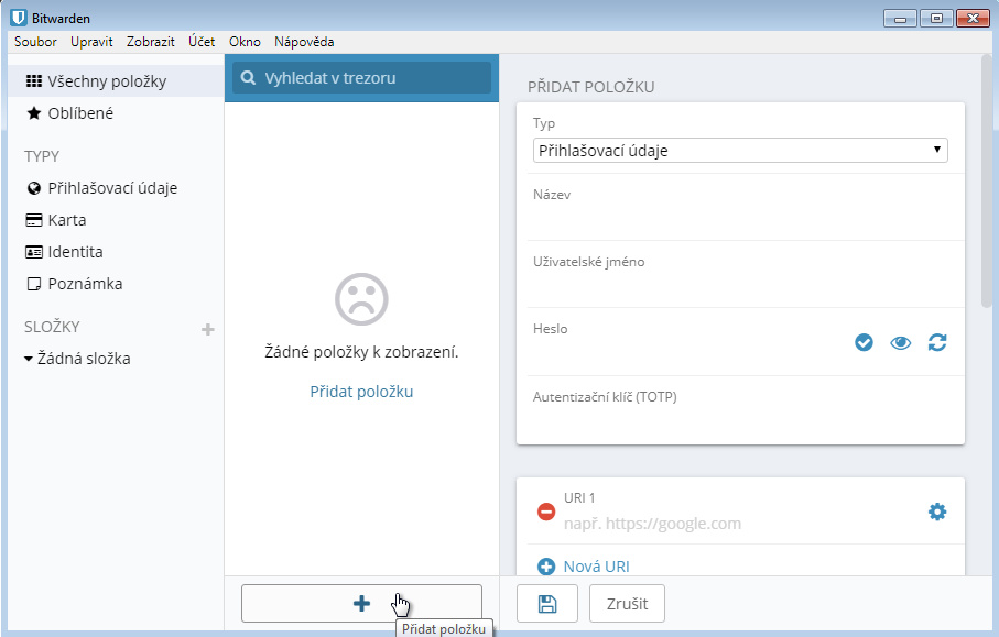 Bitwarden - přidání nové položky
