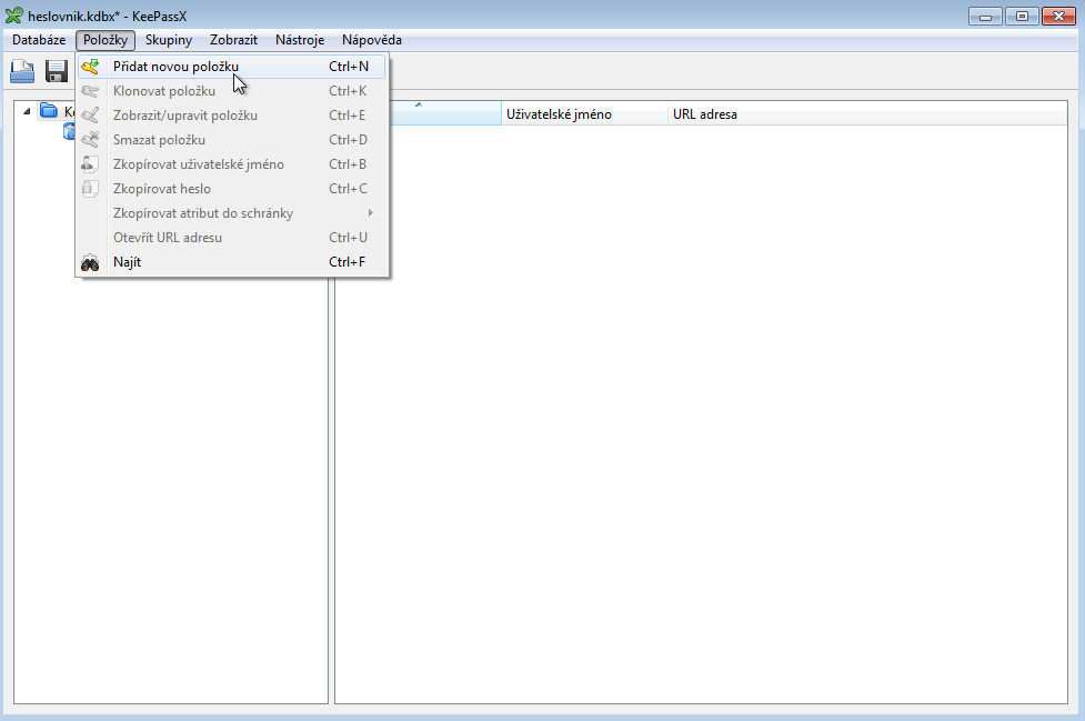KeePassX - přidání nové položky