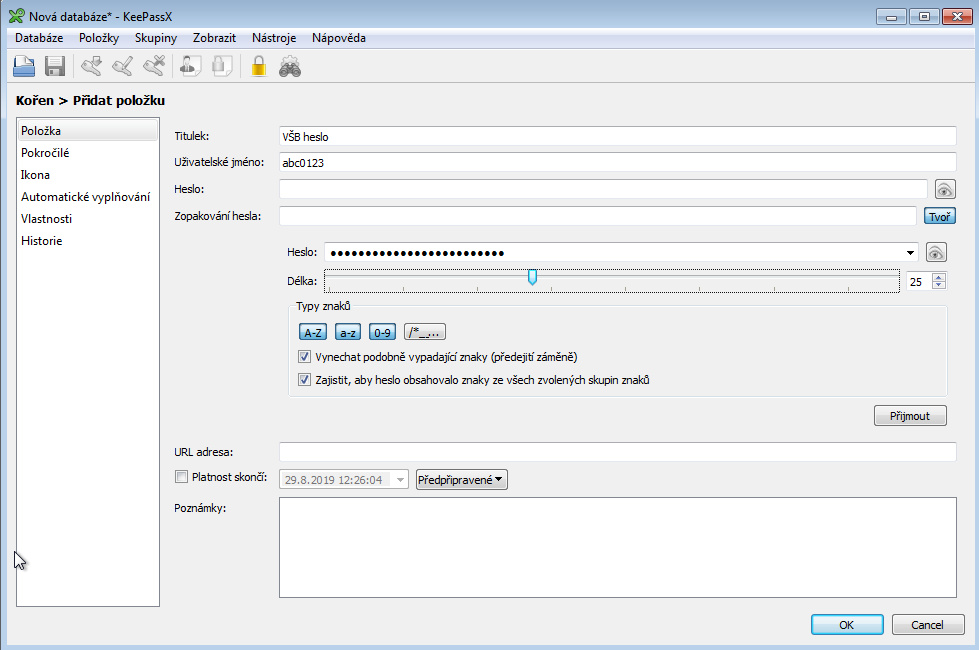 KeePassX - zadávání nových přihlašovacích údajů