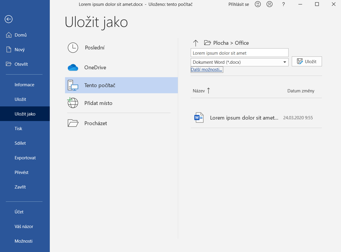 nabídka Uložit jako v MS Word 2016