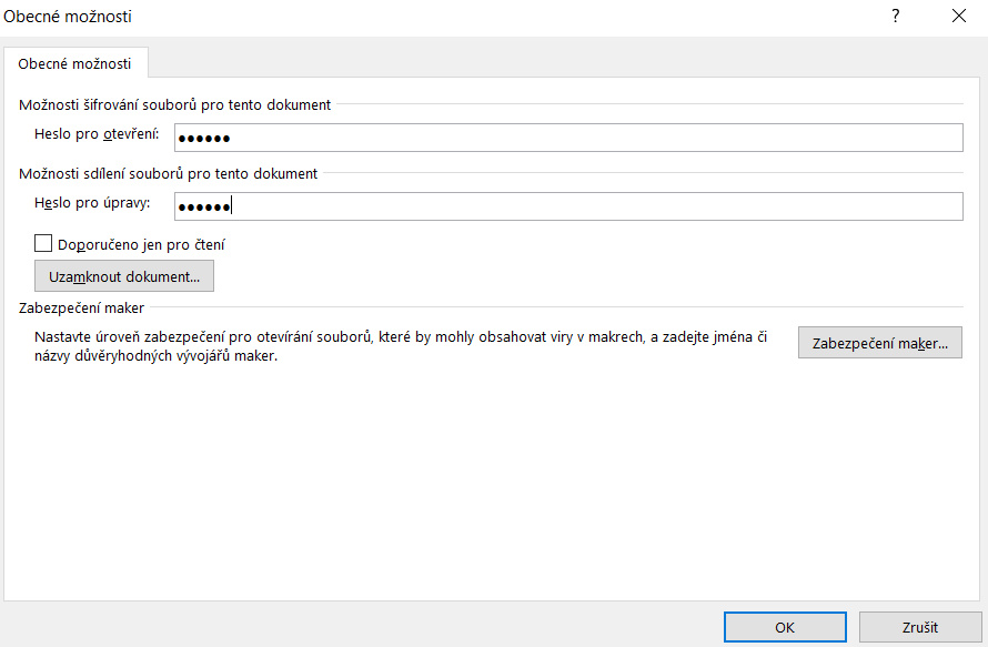 volba hesel pro ochranu dokumentů