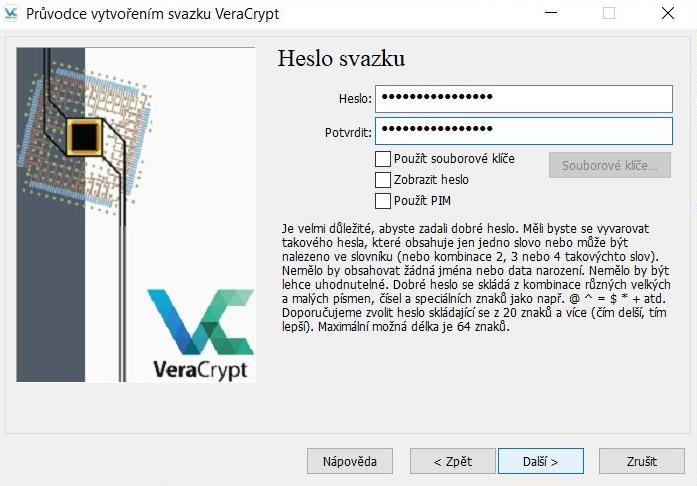 Průvodce vytvořením svazku VeraCrypt - heslo svazku