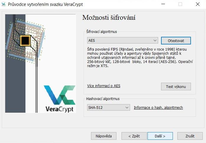 Průvodce vytvořením svazku VeraCrypt - možnosti šifrování