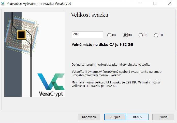 Průvodce vytvořením svazku VeraCrypt - velikost svazku