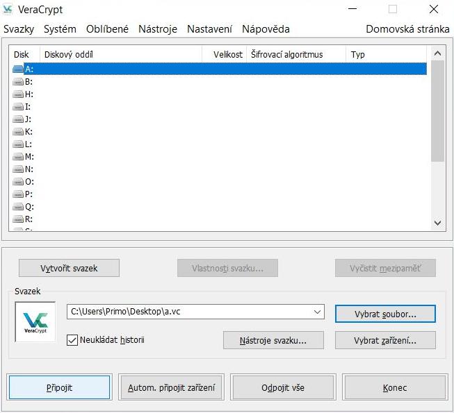 VeraCrypt - připojení svazku