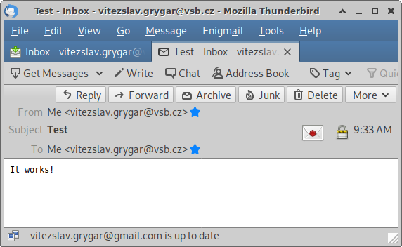 Podepsaný a šifrovaný e-mail označen zámkem a zapečetěnou obálkou (Thunderbird)