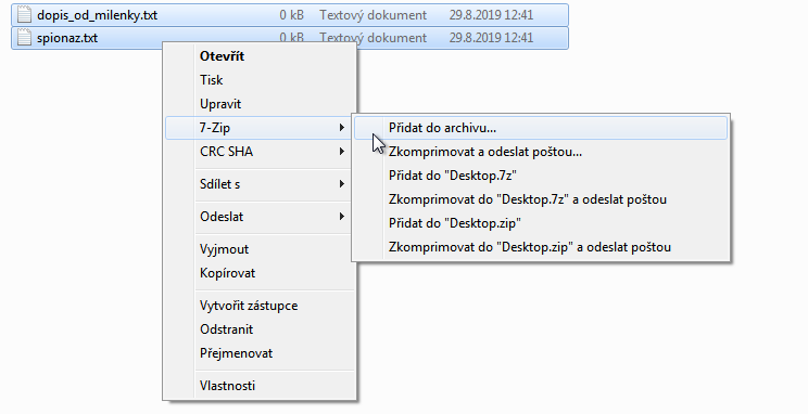 7-Zip - tvorba archivu z kontextové nabídky